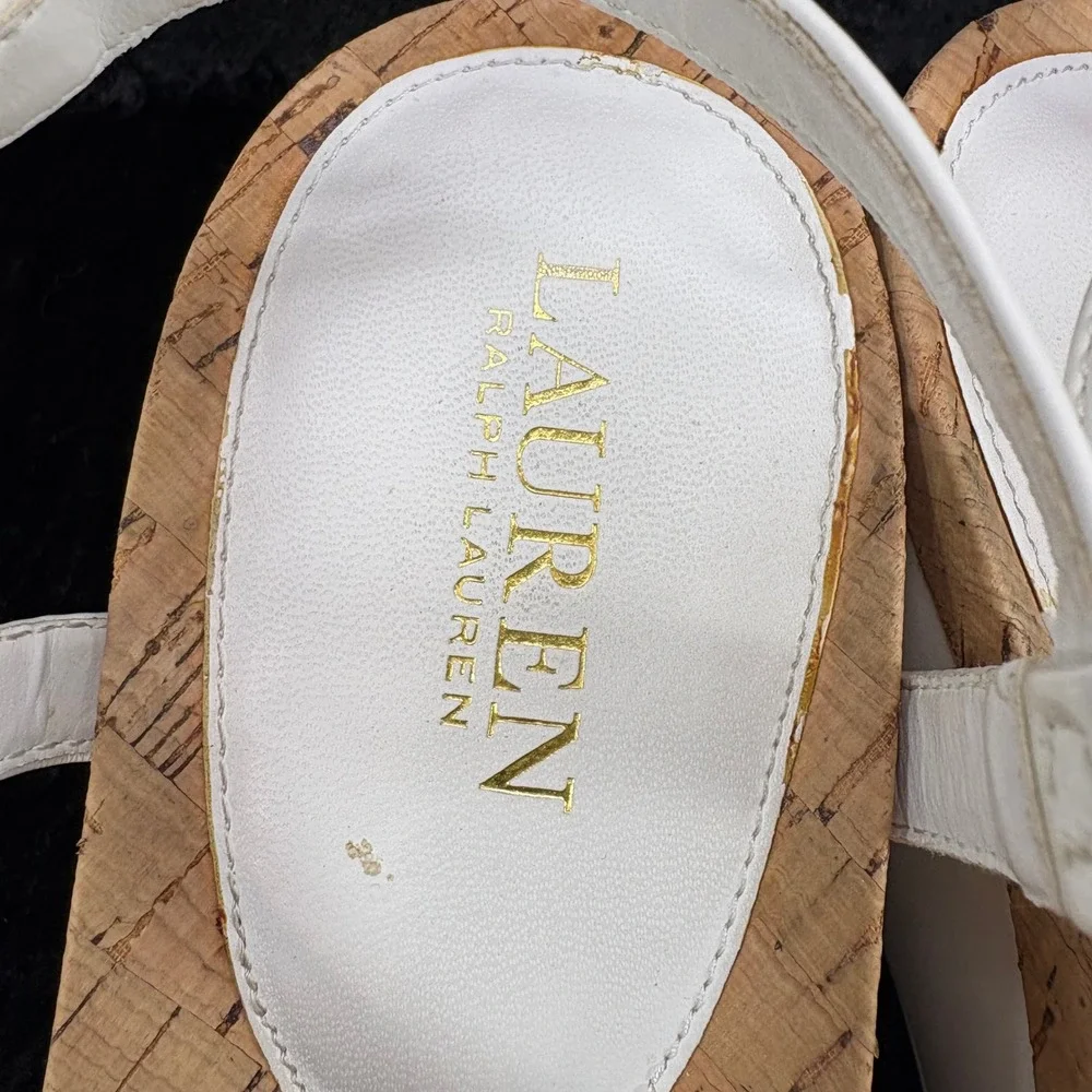 Lauren Ralph Lauren White Cork Wedge T-Strap Sandals Est Women's Size 9-see desc